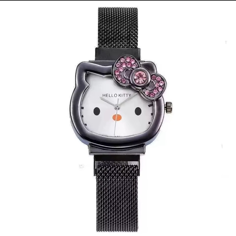 Cute Cat Face Watch Rhinestone Bow Magnetic Mesh Band